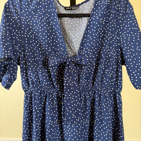 Polka Dot Wrap Dress V Neck Short Sleeve Flowy Midi Large Cottagecore Retro Blue - Picture 3 of 7
